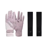 [Набор для использования на открытом воздухе с солнцезащитой] Серый и фиолетовый цветовой блок, перчатки из ледяного шелка с защитой от УФ-лучей + черные ледяные шелк нарукавники с защитой от УФ-лучей