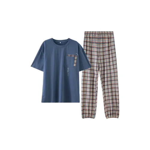 Montagut Pajama Комплект Летний Мужской Клетчатый Синий