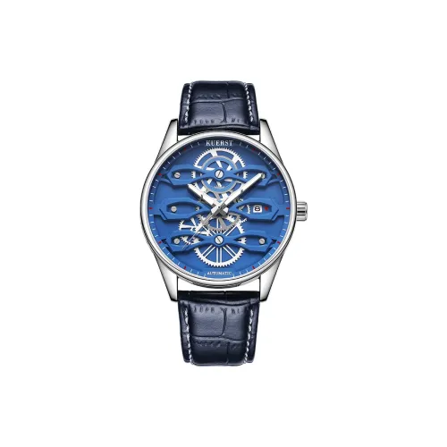 KUERST Автоматический Механический Механизм Коровья Кожа Ремешок Часы Мужские Часы Синий Циферблат
