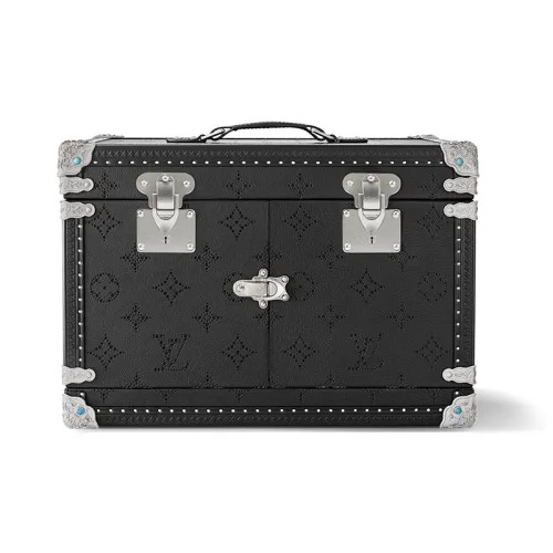 LOUIS VUITTON Vanity Кожа Макияж Чехол Унисекс Черный Подкладка Синяя