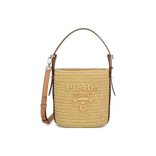 PRADA Синтетическая рафия с телячьей кожей комбинированная ведрообразная сумка сумка через плечо сумка обычная женская бежевая