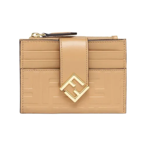 FENDI Футляр Для Пластиковых Карт На Молнии FF DiamondsПлоский Футляр Для Пластиковых Карт На Молнии Из Кожи Светло-коричневого Цвета С Узором FF