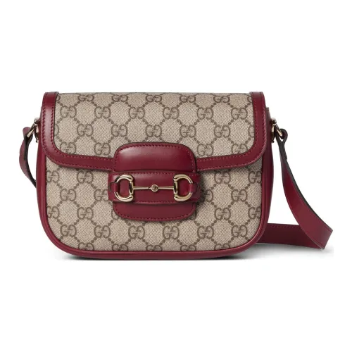 GUCCI Horsebit 1955 Холст и кожа Сумка через плечо Сумка на плечо Маленькая Женская Бежевая и Красная