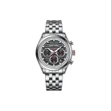 Серебряный корпус с черным циферблатом, серебряный стальной браслет.