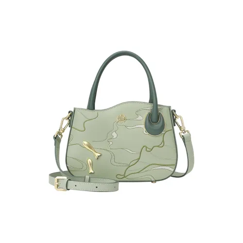 Ancient Yi Xi Коровья кожа Рыбка Pond Вышивка Коммутирование Сумка через плечо Сумка Женские Лотосовый корень Зеленый