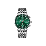 Серебряный корпус, зеленый циферблат, серебряный стальной браслет