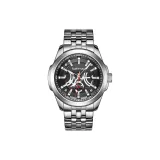 Серебряный корпус с черным циферблатом, серебряный стальной браслет.