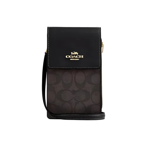 COACH N S Холст с покрытием и гладкая кожа Сумка через плечо для мобильного телефона Мини Женская Золотая Коричневая Черная