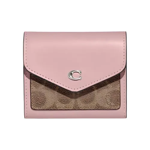 COACH Wyn Покрытый холст с утонченной телячьей кожей держатель для карт кошелек маленький женский хаки и розовый