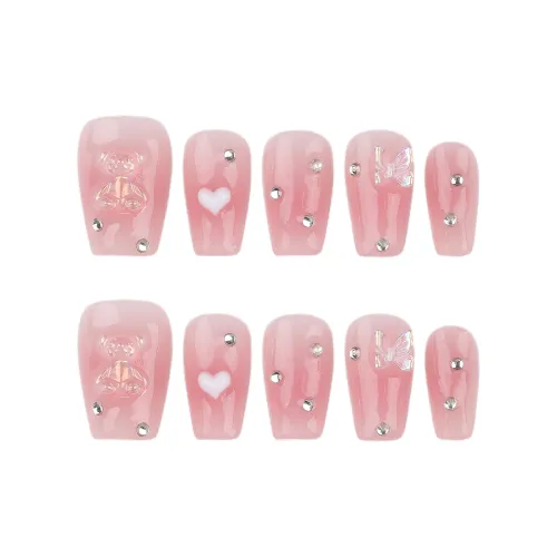 Yun Yue Joe Милый 3D-эффект Медведь Сердце Fine Ромб False Nail Короткий LADDER Розовый Однотонный Милый 14mm