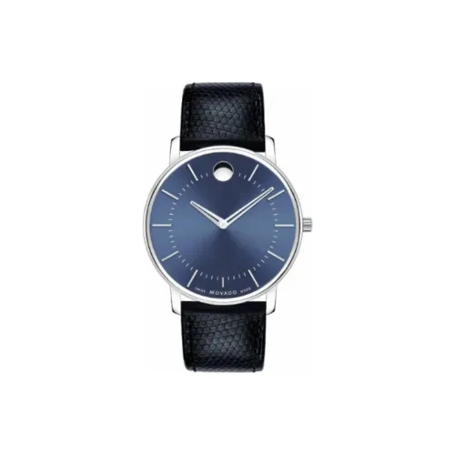 MOVADO TC Extra Thin Collection Кварцевый механизм Мужские часы Часы 40 мм Синий циферблат Корпус из нержавеющей стали Кожаный ремешок