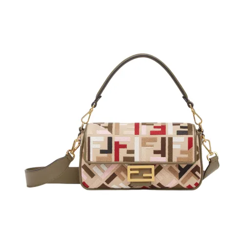 FENDI Baguette Холщовая Сумка через плечо Сумка среднего размера Женская Коричневая Многоцветная