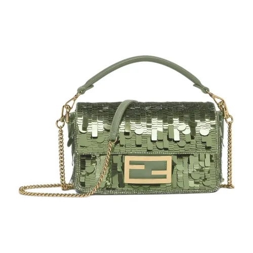 FENDI Baguette Телячья кожа Комбинированный Портативный Сумка через плечо Сумка на плечо Мини Женская Зеленая