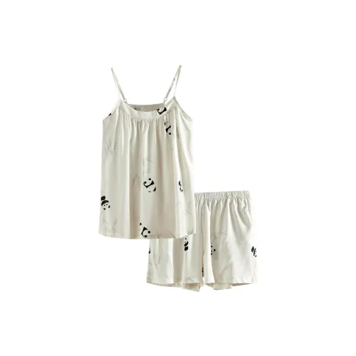 Same Language Пижамный комплект Летний Женский Бумажный Белый Чернила Черный Панда