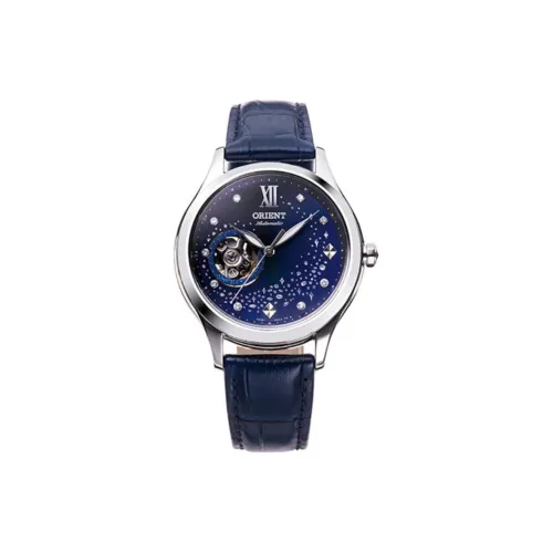 ORIENT Автоматический Ручной Механизм Кожаный Ремешок Часы 35,6 мм Женские Часы Синий Циферблат