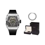 Серебряный корпус, черный ремешок + 18 см кубинский браслет