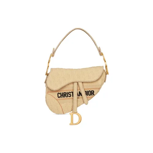DIOR Седло Вышивка с Рафия Седло Сумка Сумка на одно плечо Женская Бежевая