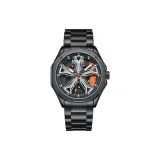 Черный корпус, оранжевый циферблат, черный стальной браслет