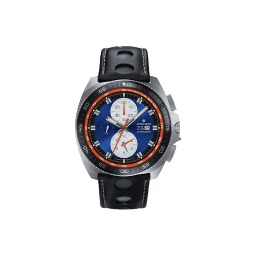 JUNGHANS Кварцевый механизм Мужские часы Часы 43,3 мм Синий циферблат Нержавеющая сталь Корпус часов Кожаный ремешок
