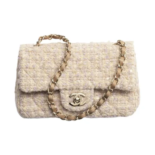 CHANEL Classic Flap CF Хлопковая ткань Сумка через плечо Сумка на плечо Мини Женская Светло-желтая Многоцветная Бежевая