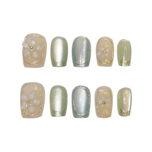 Meow Man A Jadeite White Chrysanthemum False Nail Short LADDER 20mm