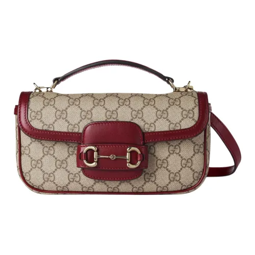 GUCCI Horsebit 1955 Холст с кожей Обметка Сумка через плечо Сумка Маленькая Женская Бежевая и Коричневая