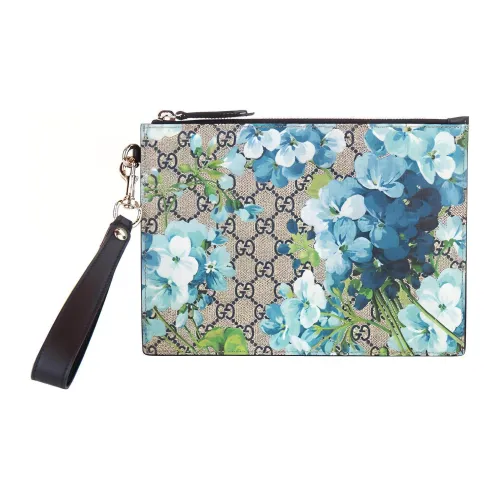 GUCCI GG Blooms Холст и Кожа Сумка-Клатч Маленькая Женская Бежевая Синяя