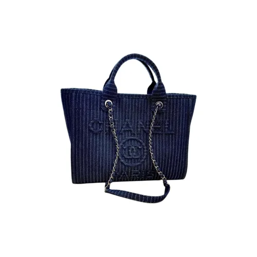CHANEL Деним и Металл Тоут Сумка Сумка для покупок Сумка через плечо Сумка Женская Темно-синий
