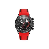 Красный ремешок, черный корпус, черный циферблат, мужской