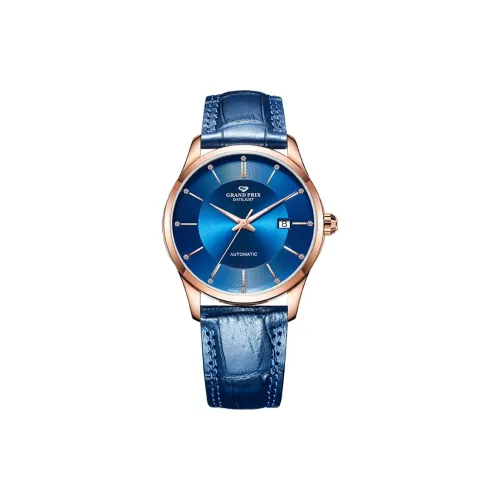 GRAND PRIX Механические Мужские Часы Часы Синий Циферблат Нержавеющая Сталь Корпус Натуральная Кожа Ремешок