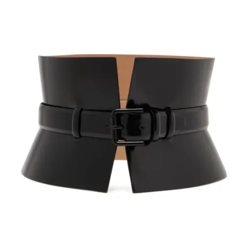 'S MAX MARA Badge Buckle Calfskin Leather Belts Women's Black
