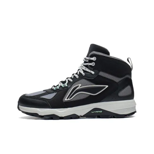 LiNing Slip-resistant Abrasion-resistant Reflective High-top Running Shoes Men's Black Gray