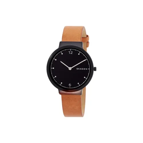 SKAGEN Наручные часы Кварцевый механизм Кожаный ремешок 34 мм Черный циферблат Женские часы
