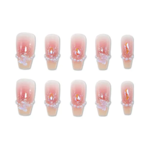 T Z Luxury Handmade Nail Stickers Девичий Свежий Персик Любовь Affair False Nail Средний LADDER Искрящийся PURE Бант 24mm