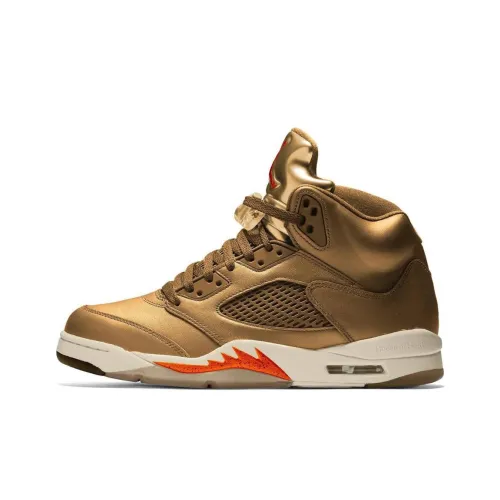 Jordan Air Джордан 5 Амортизаторы Противоскользящие Устойчивые к износу Высокий Топ Винтажные Баскетбольные Кроссовки Женские Золотой