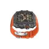 Углеродное волокно, черный, полупрозрачная средняя рамка, апельсиновый фторэластомерный ремешок, серебряная застежка-бабочка