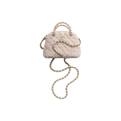 CHANEL Шерсть Твид Блестки Сумка через плечо Сумка Женская Светло-розовая и Бежевая