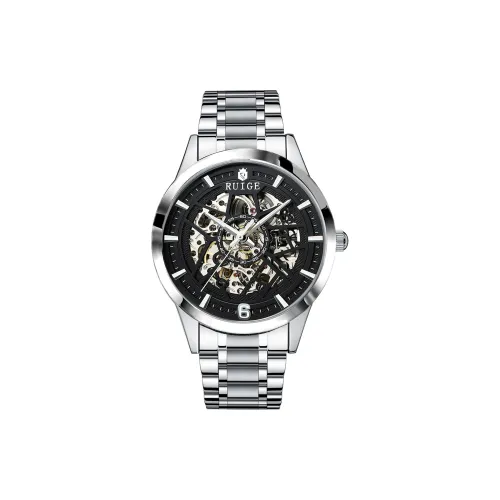 RUIGE Автоматический Механический Механизм Нержавеющая Сталь Ремешок Часы Мужские Черный Циферблат