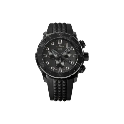 EDOX Кварцевый механизм Мужские часы Часы 45 мм Черный циферблат Титан PVD покрытие Корпус часов Резиновый ремешок