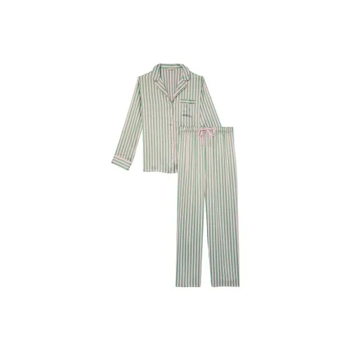 Victoria's Secret Satin Long Pajama Set Pajama Set Women's Green Stripes