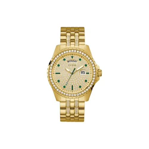 GUESS Женские часы Кварцевый механизм Ремешок из нержавеющей стали 44 мм Золотистый циферблат