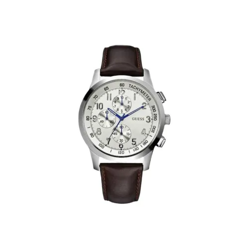 GUESS Мужские часы Кварцевый механизм Естественная кожа Ремешок 44 мм Серебристый циферблат