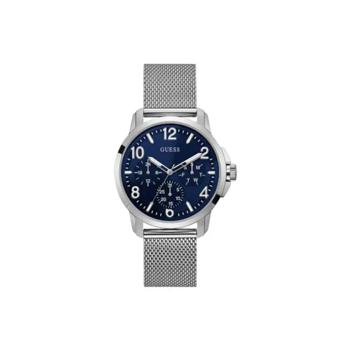 GUESS Мужские часы Кварцевый механизм Ремешок из нержавеющей стали 42 мм Синий циферблат