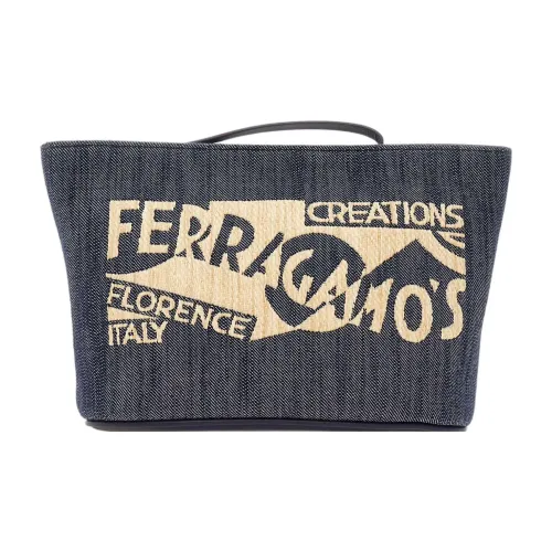 FERRAGAMO Рафия Телячья кожа Косметичка Клатч Женская Естественный и Джинсовый синий