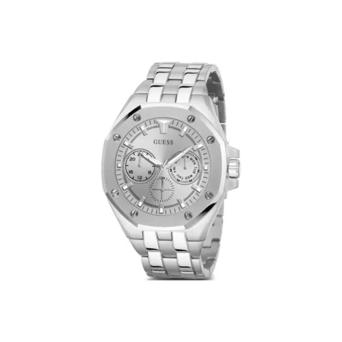 GUESS Мужские часы Кварцевый механизм Ремешок из нержавеющей стали 46 мм Серебристый циферблат