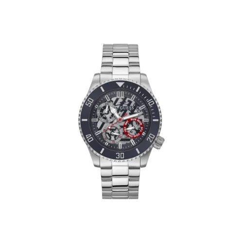 GUESS Мужские часы Кварцевый механизм Ремешок из нержавеющей стали 45 мм Синий циферблат