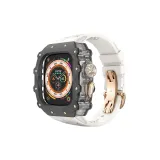 Углеродное волокно | Прозрачный средний каркас | Узор акулы | Флуоресцентная резина [Ремешок цвета экрю + застежка-бабочка цвета розовое золото]