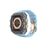 Углеродное волокно | Прозрачный средний каркас | Sharkskin фторкаучук [Синий ремешок + Розовое золото, бабочка, пряжка]