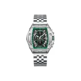 Серебряный корпус, зеленый циферблат, серебряный стальной браслет