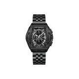 Черный корпус с черным циферблатом, черный стальной браслет.